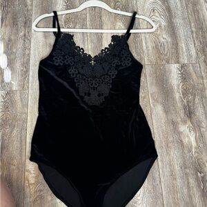 Xhilaration Black Velvet Lace-Trim Bodysuit with Floral V-Neck